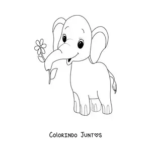 Desenho para colorir de um elefante bebe fofo segurando uma flor com a tromba