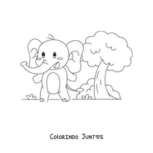 Desenho para colorir de um elefante kawaii animado em pe sobre duas patas em uma paisagem com arvores