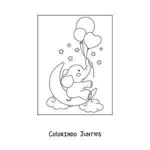 Desenho para colorir de um elefante bebe kawaii sentado em uma meia lua no ceu segurando baloes de coracao com a tromba