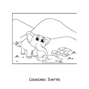 Desenho para colorir de um desenho de um elefante fofo bebendo agua de uma poca na savana