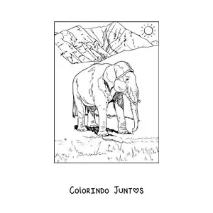Desenho para colorir de um elefante realista em um dia ensolarado na savana