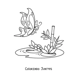 Desenho para colorir de uma borboleta animada voando perto de flores de nenufar