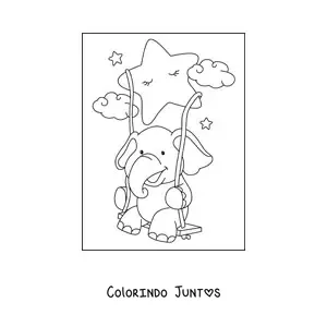 Desenho para colorir de um elefante kawaii sentado em um balanco pendurado em uma estrela animada