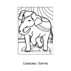Desenho para colorir de um elefante no circo enfeitado e em pe sobre um pedestal