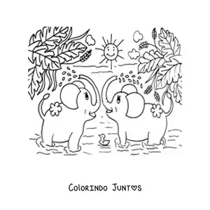 Desenho para colorir de um casal de elefantes animados tomando banho na selva em um dia ensolarado
