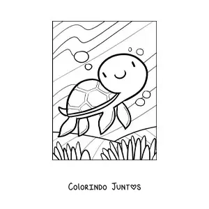 Desenho para colorir de uma tartaruga marinha kawaii nadando no fundo do mar