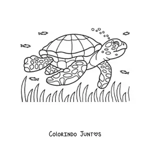 Desenho para colorir de uma tartaruga marinha realista nadando entre peixes no mar