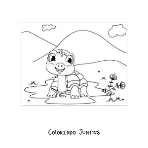 Desenho para colorir de uma tartaruga terrestre animada sorridente em uma poca numa paisagem de montanhas
