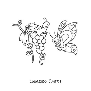 Desenho para colorir de uma borboleta animada voando perto de umas uvas