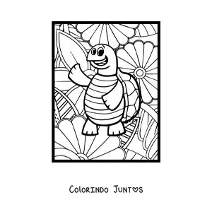 Desenho para colorir de um desenho de uma tartaruga engracada acenando com flores ao fundo