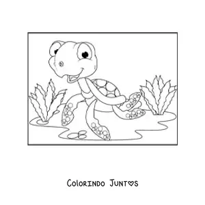 Desenho para colorir de uma tartaruga marinha animada no fundo do mar