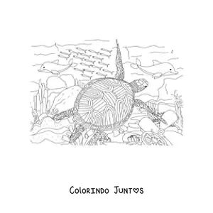 Desenho para colorir de uma tartaruga marinha realista nadando com peixes no fundo do mar