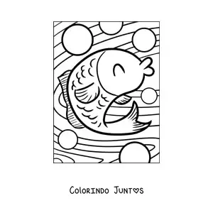 Desenho para colorir de um peixe animado feliz nadando no mar entre bolhas com os olhos fechados