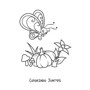 Desenho para colorir de uma borboleta animada voando perto de uma abobora