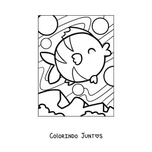 Desenho para colorir de um peixe animado feliz nadando entre bolhas na agua