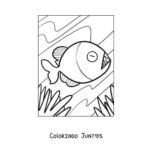 Desenho para colorir de uma piranha animada nadando no fundo do rio