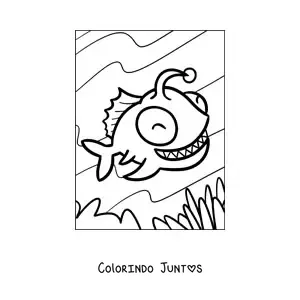 Desenho para colorir de um peixe-lanterna animado sorridente nadando no fundo do mar
