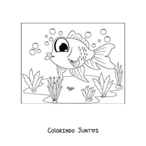 Desenho para colorir de um desenho de um peixe-dourado de olhos grandes nadando entre algas