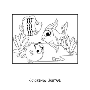 Desenho para colorir de tres peixes animados nadando juntos entre algas marinhas