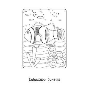 Desenho para colorir de um peixe-palhaco nadando entre corais no mar