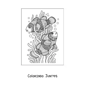 Desenho para colorir de dois peixes nadando entre algas marinhas