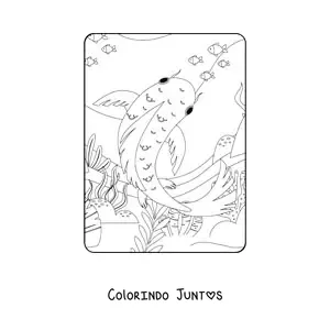 Desenho para colorir de um peixe koi nadando no recife com outros peixes