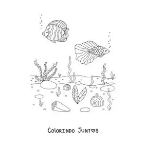 Desenho para colorir de dois peixes no fundo do mar com corais e algas marinhas