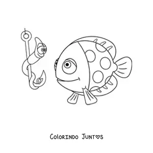 Desenho para colorir de um peixe animado junto a uma minhoca animada pendurada em um anzol