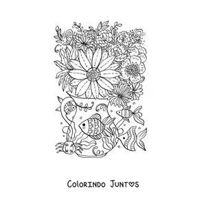 Desenho para colorir de varios peixes e um caranguejo junto a um vaso com flores e uma borboleta