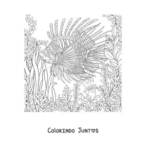 Desenho para colorir de um peixe-leao no fundo do mar nadando entre algas