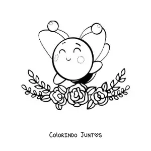 Desenho para colorir de uma abelha kawaii grande voando sorridente sobre um enfeite de flores