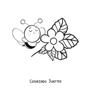 Desenho para colorir de uma abelha kawaii voando perto de uma flor