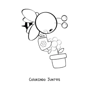 Desenho para colorir de uma abelha kawaii regando uma flor em um vaso com um regador