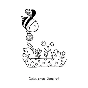 Desenho para colorir de uma abelha kawaii voando sobre varias flores levando uma cesta