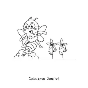 Desenho para colorir de uma abelha kawaii animada com oculos perto de umas flores