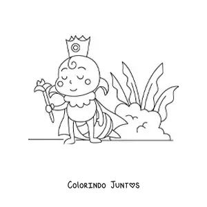 Desenho para colorir de uma abelha rainha animada usando coroa e cetro perto de umas plantas