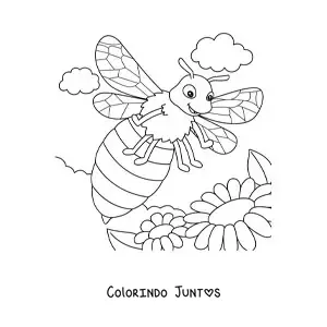 Desenho para colorir de uma abelha animada grande voando entre as flores