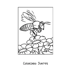 Desenho para colorir de uma abelha realista voando sobre flores