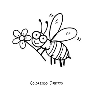 Desenho para colorir de uma abelha animada feliz voando segurando uma flor
