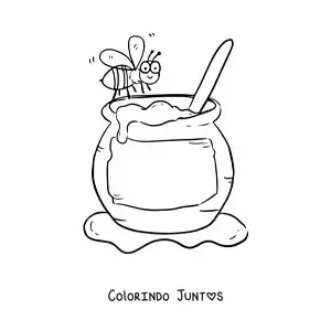Desenho para colorir de uma abelha animada voando perto de um pote de mel