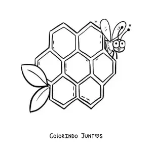 Desenho para colorir de uma abelha animada ao lado das celulas de um favo de mel