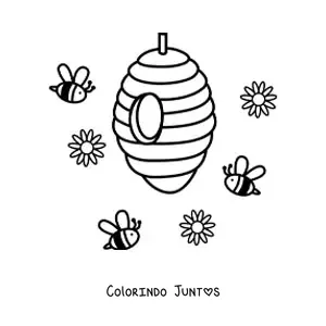 Desenho para colorir de varias abelhas animadas voando em direcao a um favo de mel junto a flores no ar