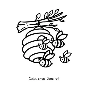 Desenho para colorir de uma colmeia de abelhas animadas perto de um favo de mel em um galho
