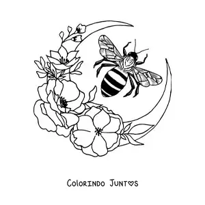 Desenho para colorir de uma abelha voando perto de uma meia lua decorada com flores