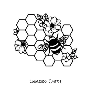 Desenho para colorir de uma abelha voando sobre as celulas de um favo de mel com flores