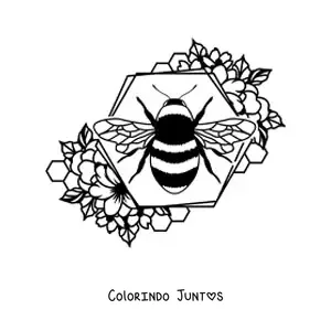 Desenho para colorir de uma abelha pequena sobre a celula de um favo de mel decorada com flores