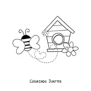 Desenho para colorir de uma abelha voando a partir de uma casa de madeira