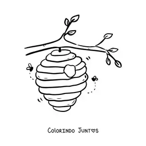 Desenho para colorir de um favo de abelhas pendurado em um galho