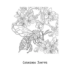 Desenho para colorir de uma abelha realista voando perto das flores