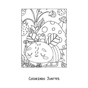 Desenho para colorir de uma abelha fofinha dormindo entre cogumelos e morangos